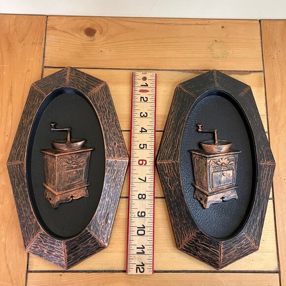 Coffee Grinder Dart Ind Wall Hangings Vintage 1970s Copper Look Plastic Set of 2 - Picture 2 of 4